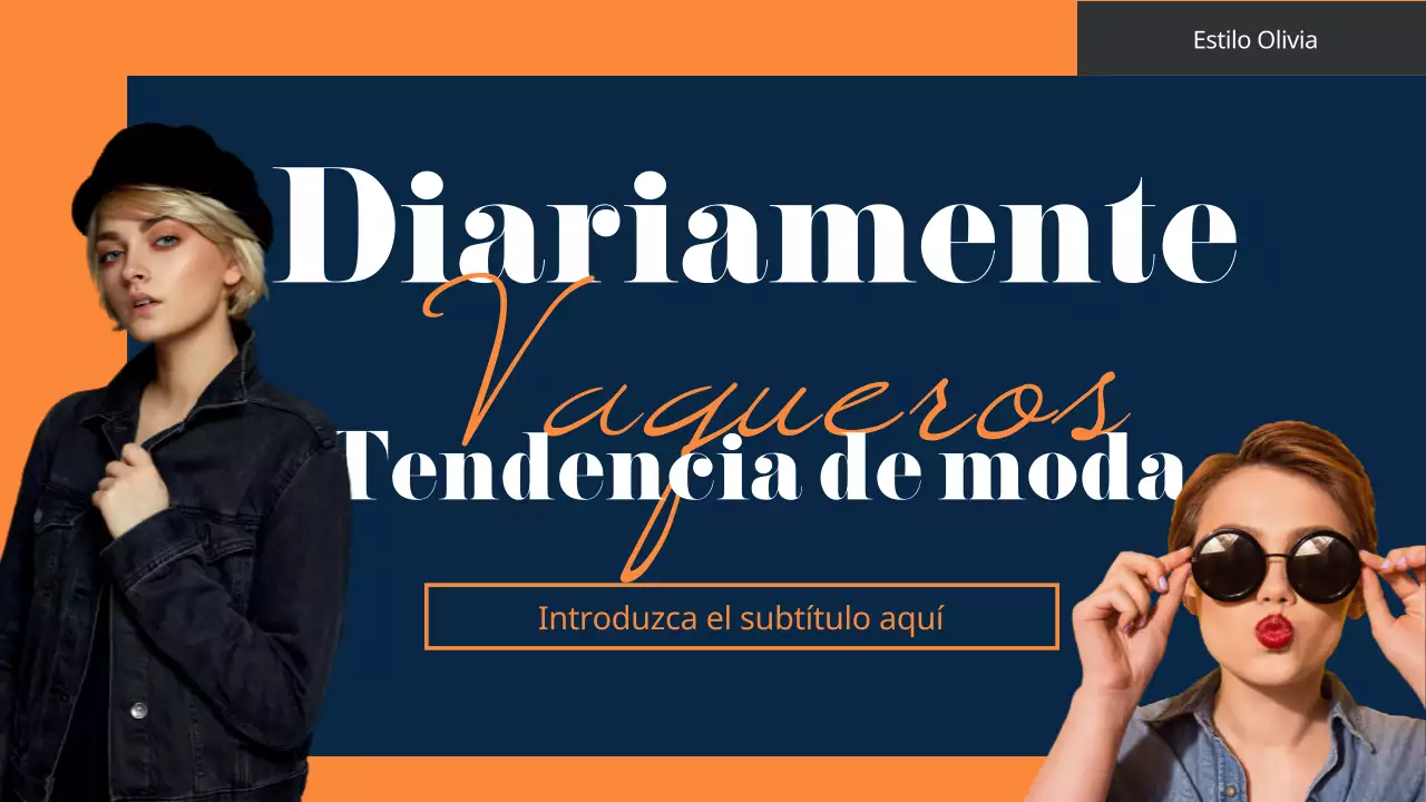 Combinaciones de ropa vaquera para combinar con tus colores personales en un vívido concepto de azul marino y naranja.