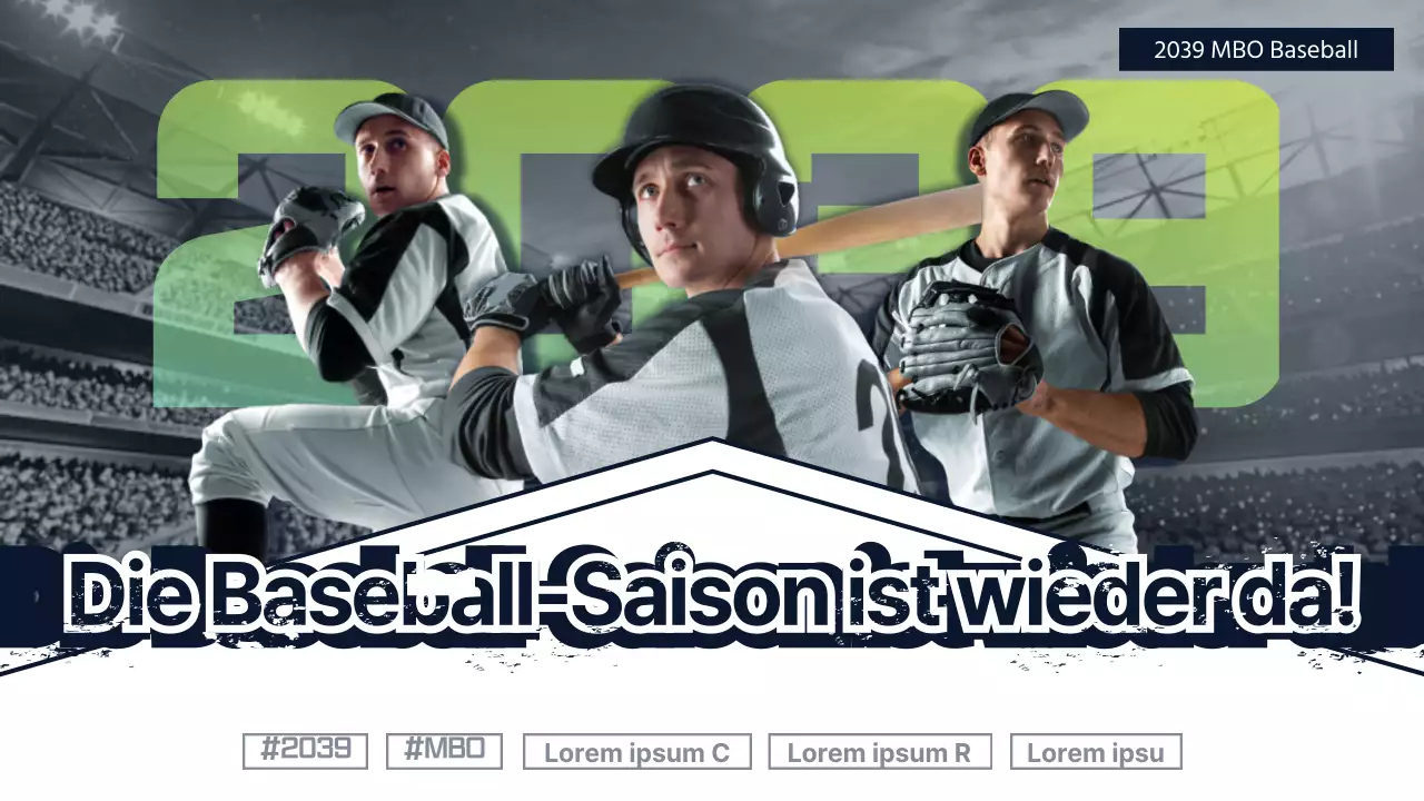 Ankündigung eines Baseball-Events mit einem klaren Konzept in dunklem Marineblau und fluoreszierenden Farben