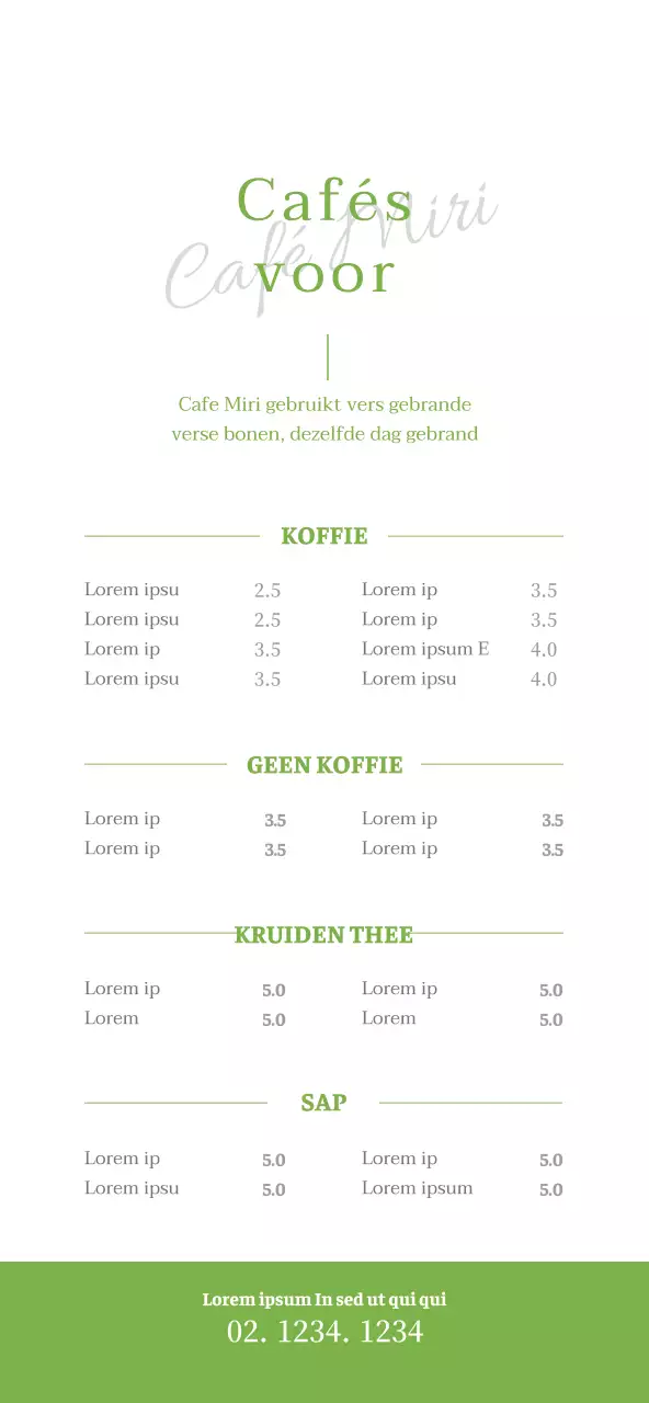 Eenvoudige, strakke prijzen voor cafémenu's in limoengroen en wit