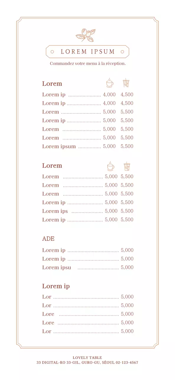 Guide des menus de table de café de style simple, marron clair et blanc