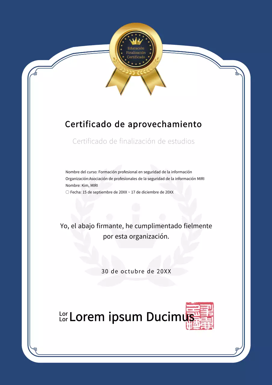 Elegante marco en azul marino y negro con certificado de finalización de estudios