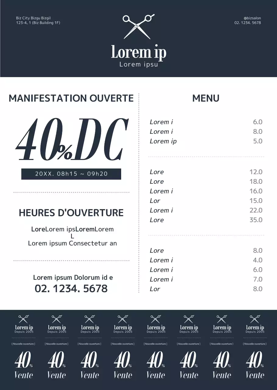 Style simple et épuré en bleu marine foncé et blanc Pour l'information et la promotion de votre salon de beauté.