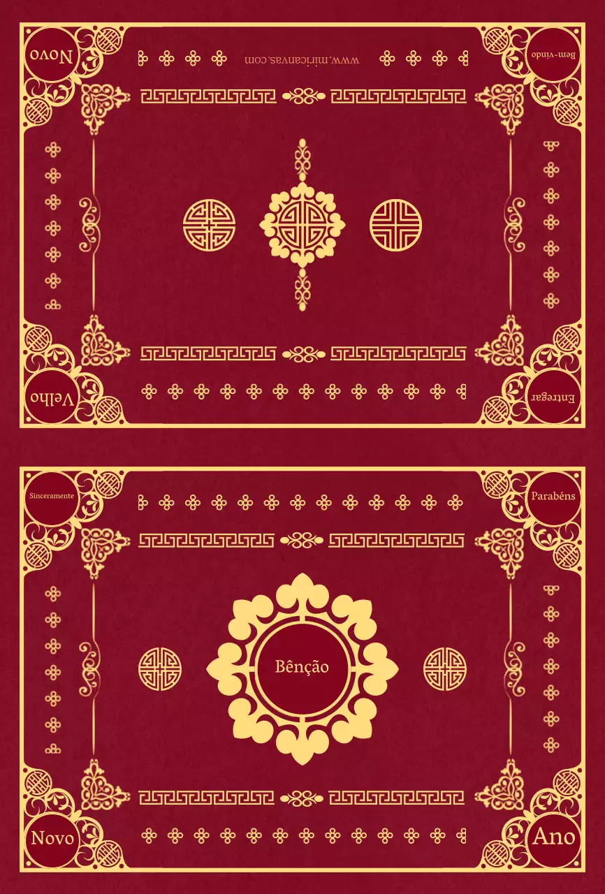 Cartão de felicitações com padrão coreano tradicional vermelho e amarelo