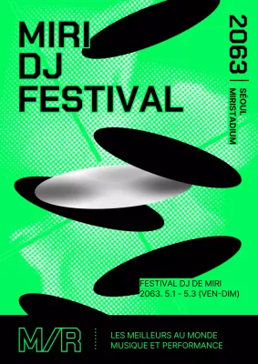 Des points ovales vert fluo et noirs vous guident vers le festival DJ