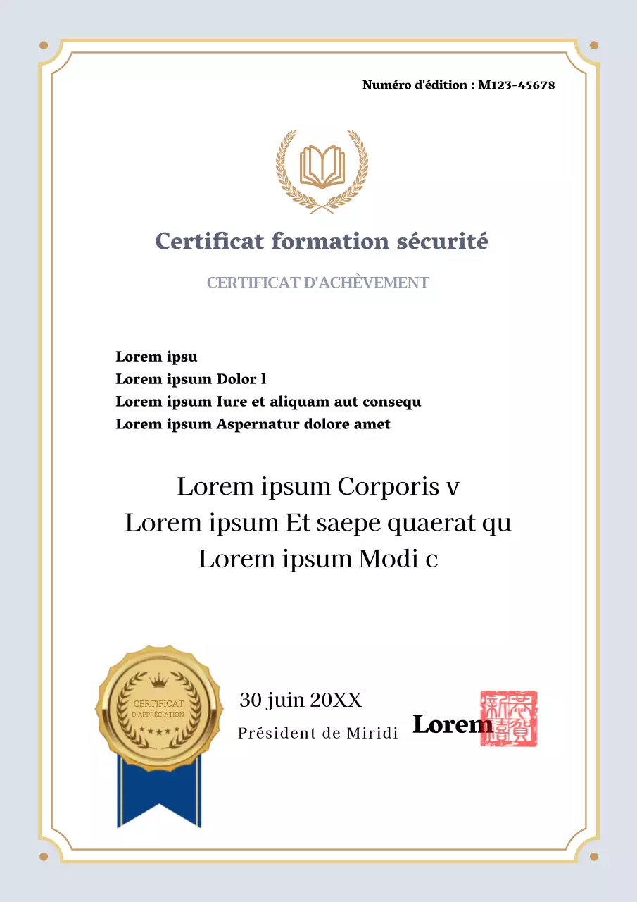 Certificat de formation à la sécurité de style simple en gris clair et noir