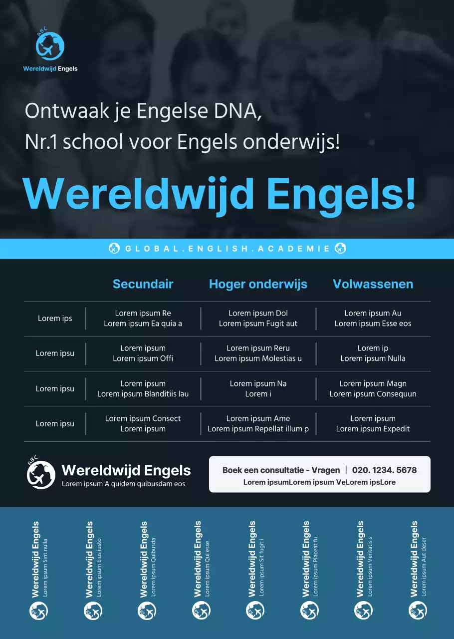 Eenvoudige, strakke stijl in blauw en donker marineblauw voor informatie en promotie van Engelse taalscholen