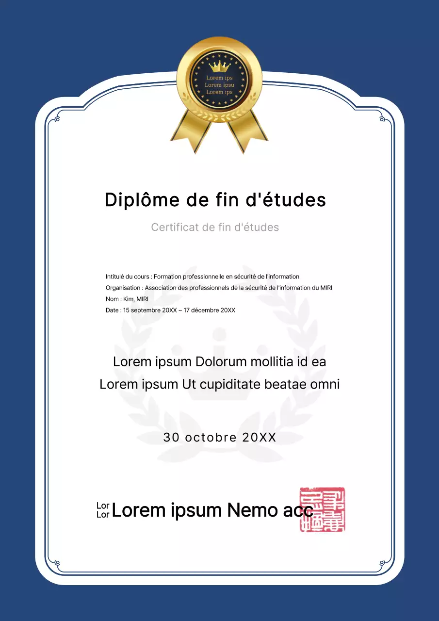 Cadre élégant en bleu marine et noir avec certificat de réussite