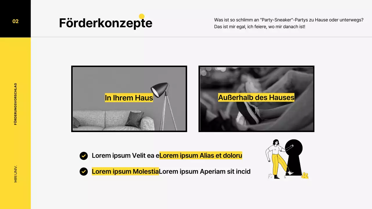 Marketing-Promotion-Plan für einen Turnschuh mit einem lebendigen Farbillustrationskonzept in Gelb- und Schwarztönen.