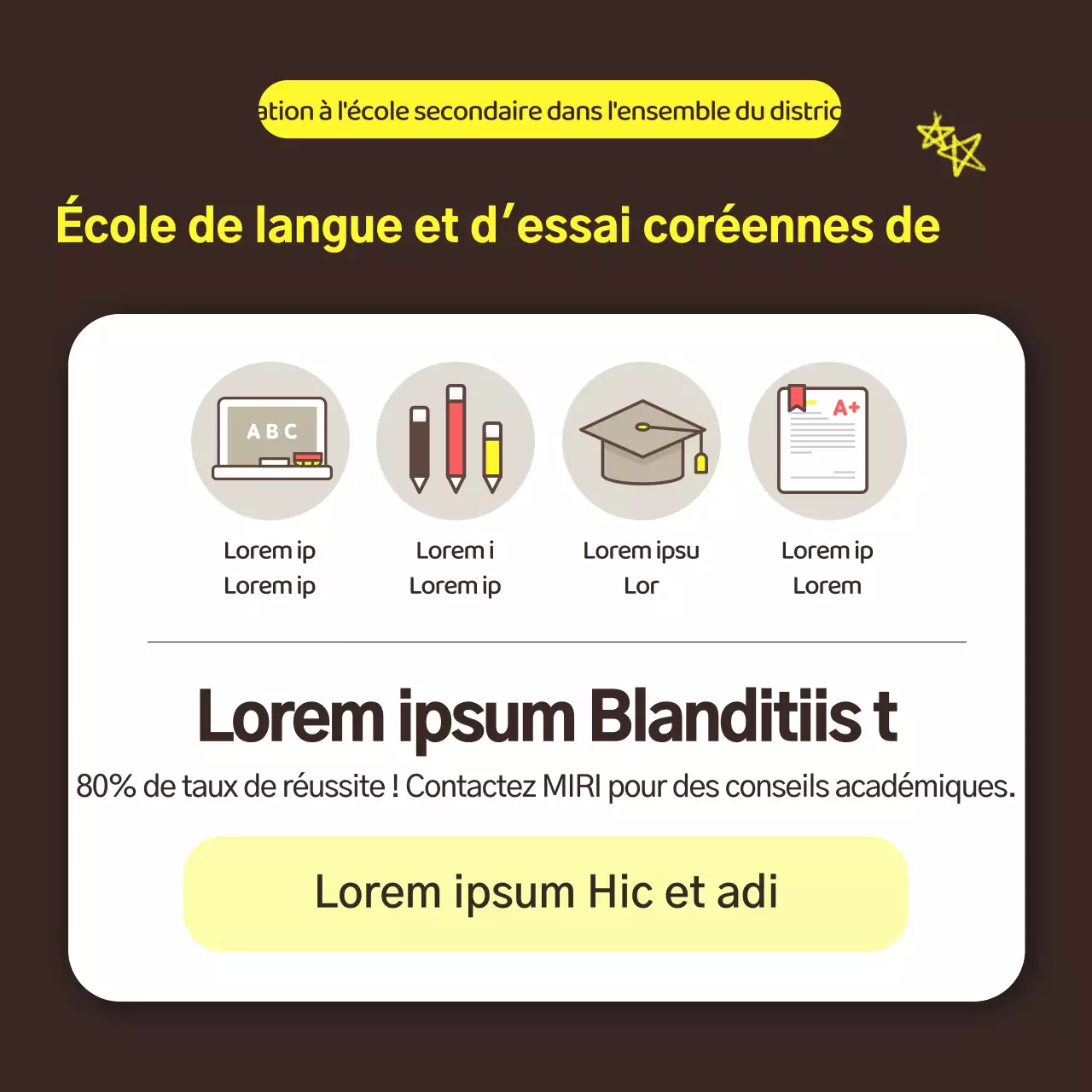 Une simple analyse de grade interne jaune et noire, une formation scolaire, une promotion de recrutement.