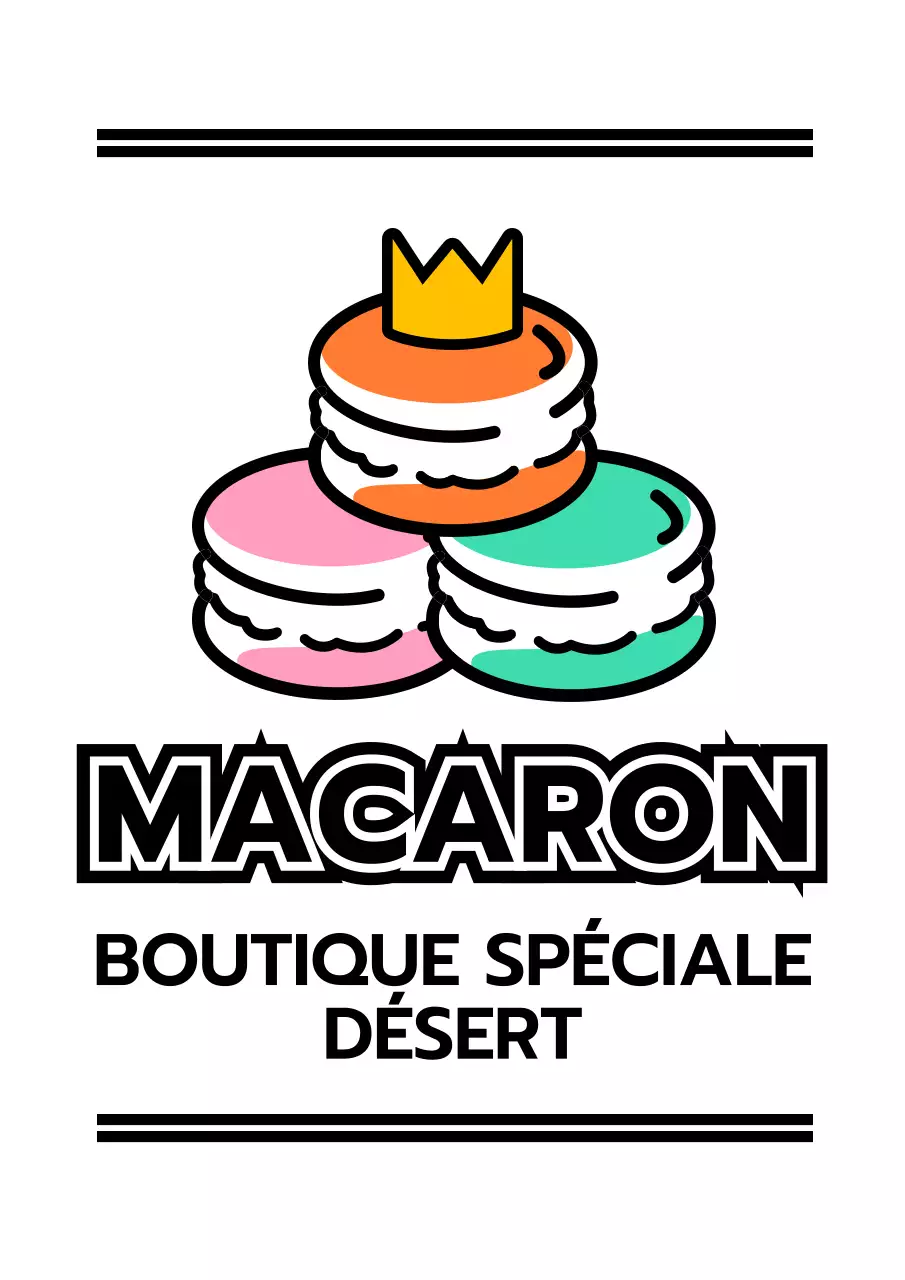 Promouvoir un magasin de desserts avec une illustration de macarons en noir et en couleurs accentuées
