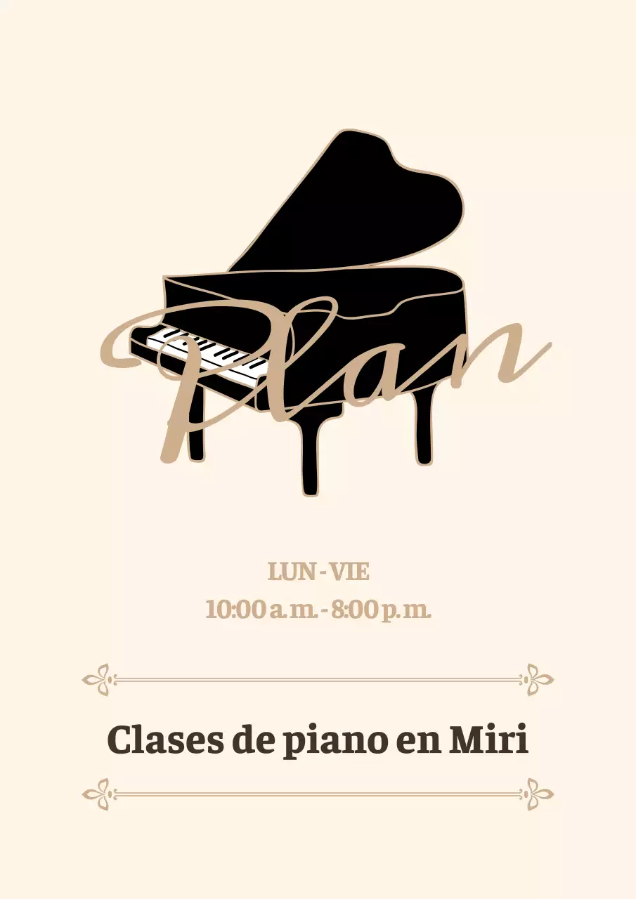Logotipo promocional de escuela de piano rotulado en un emotivo estilo cursivo en amarillo claro y marrón.