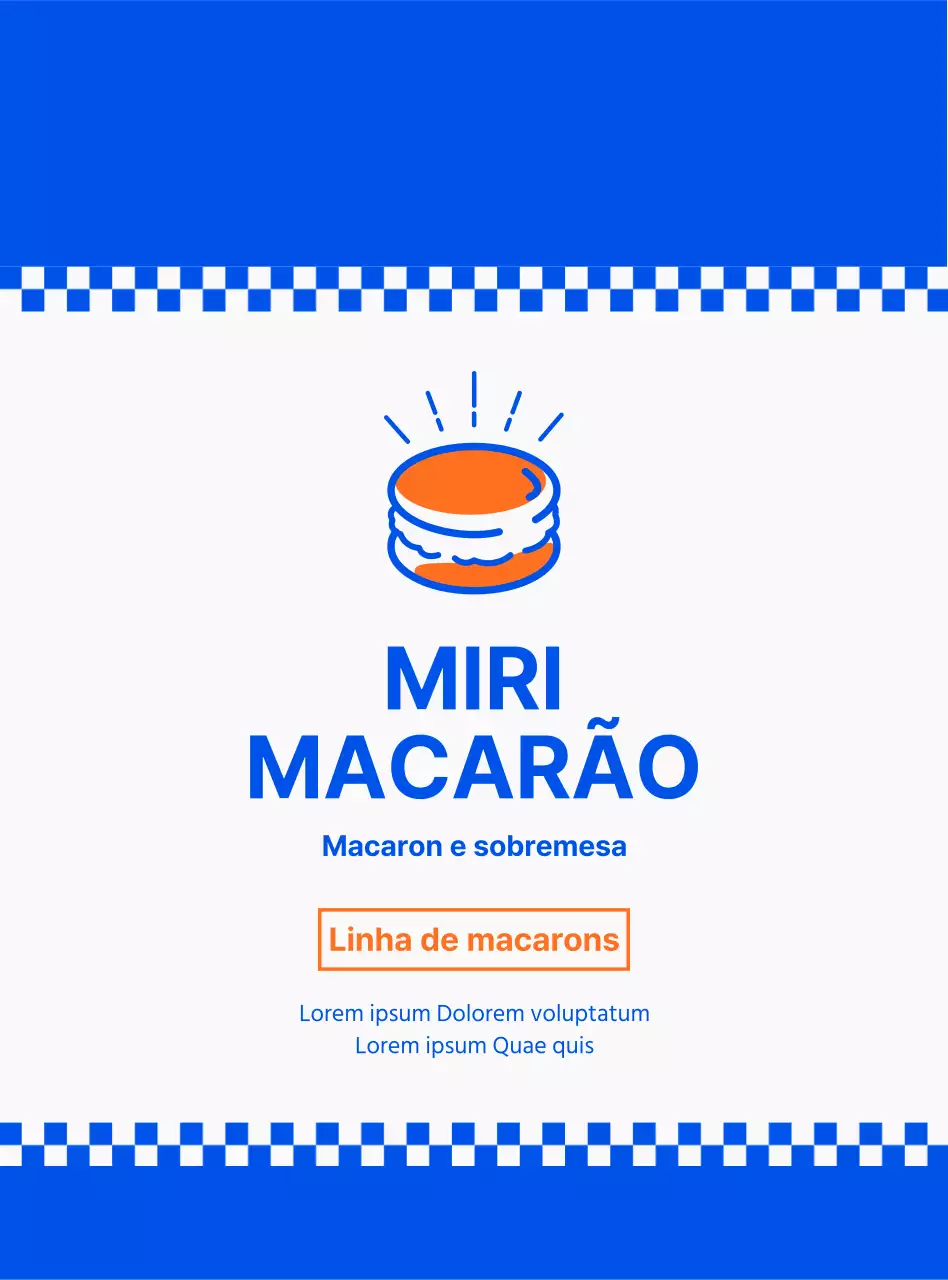 Promover e informar o menu de um conceito simples de sobremesa de macaron em azul-marinho e branco.
