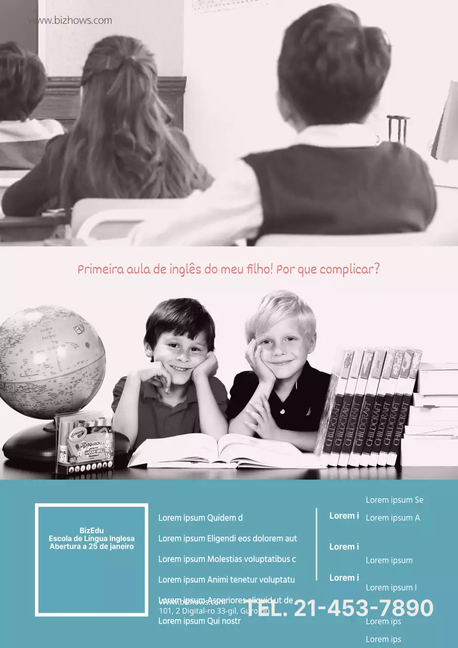 Material promocional de uma escola de inglês com uma fotografia a preto e branco de uma criança vestida de turquesa.