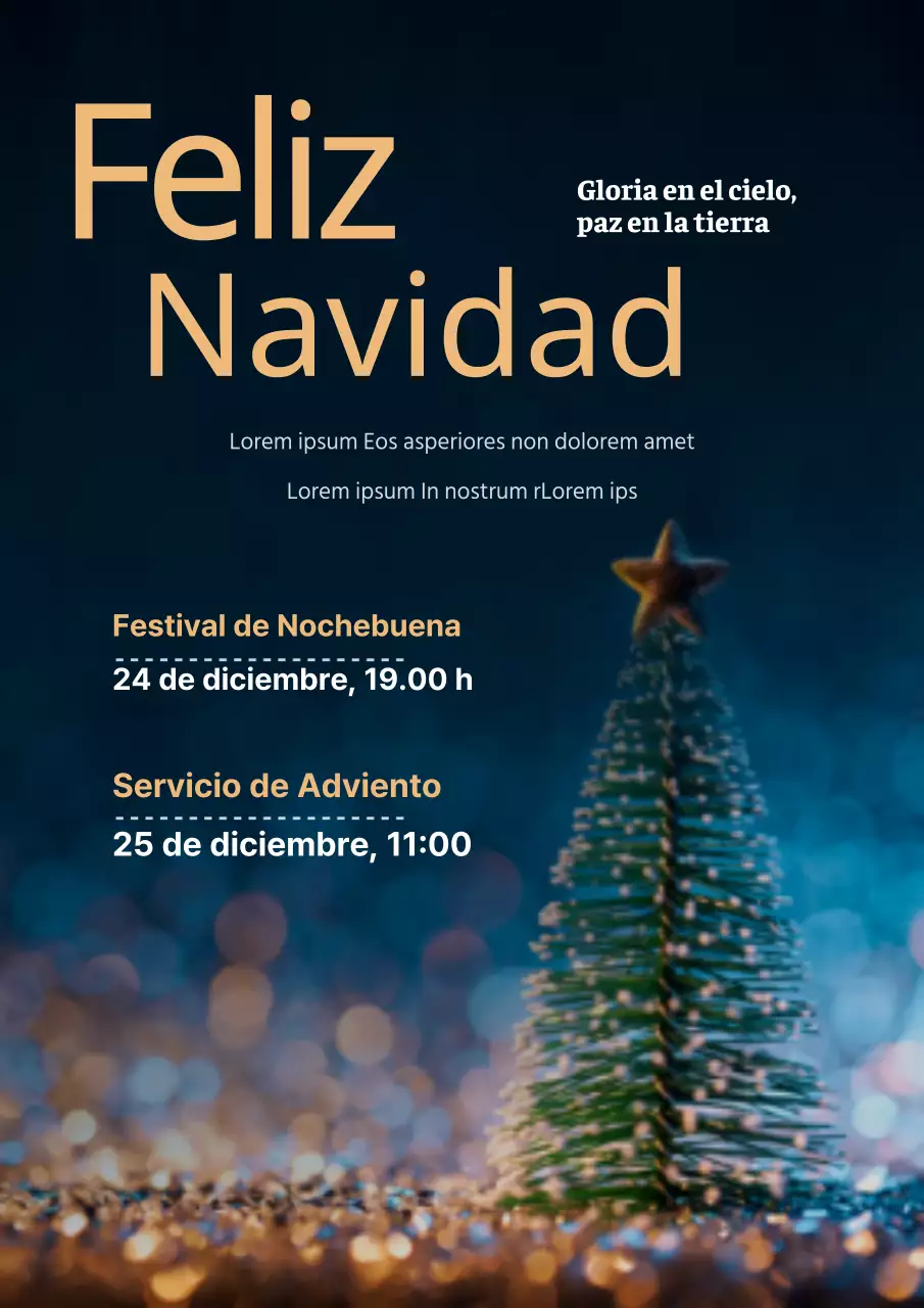 Promocione y guíe un servicio de Navidad en una iglesia discreta con una foto de un árbol azul marino.