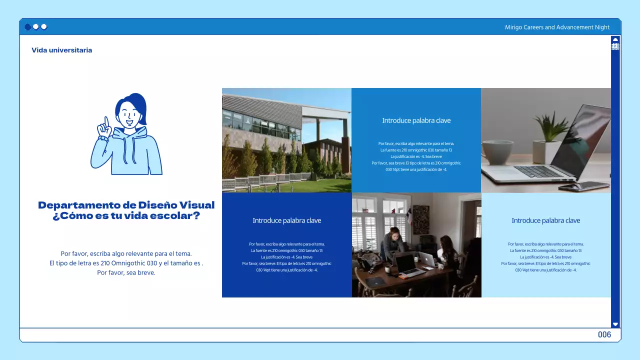 Presentaciones universitarias en un tema de navegación azul