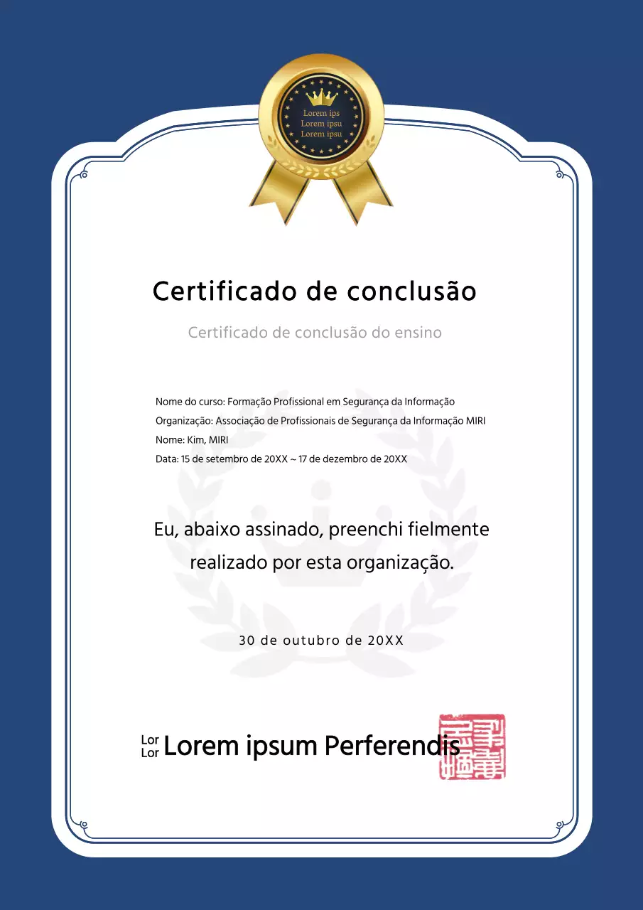 Moldura de estilo elegante em azul-marinho e preto com um certificado de conclusão