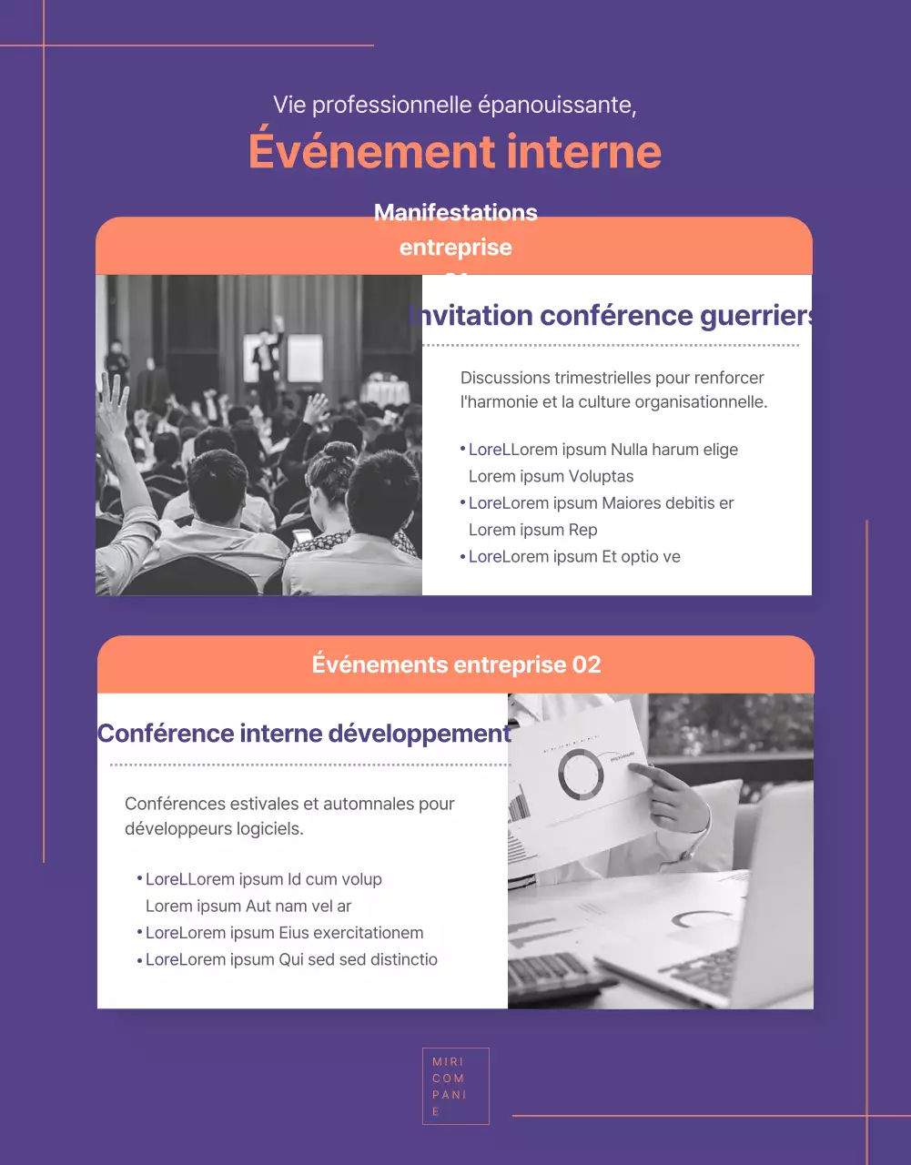 Détails du programme de l'entreprise en violet avec des accents orange