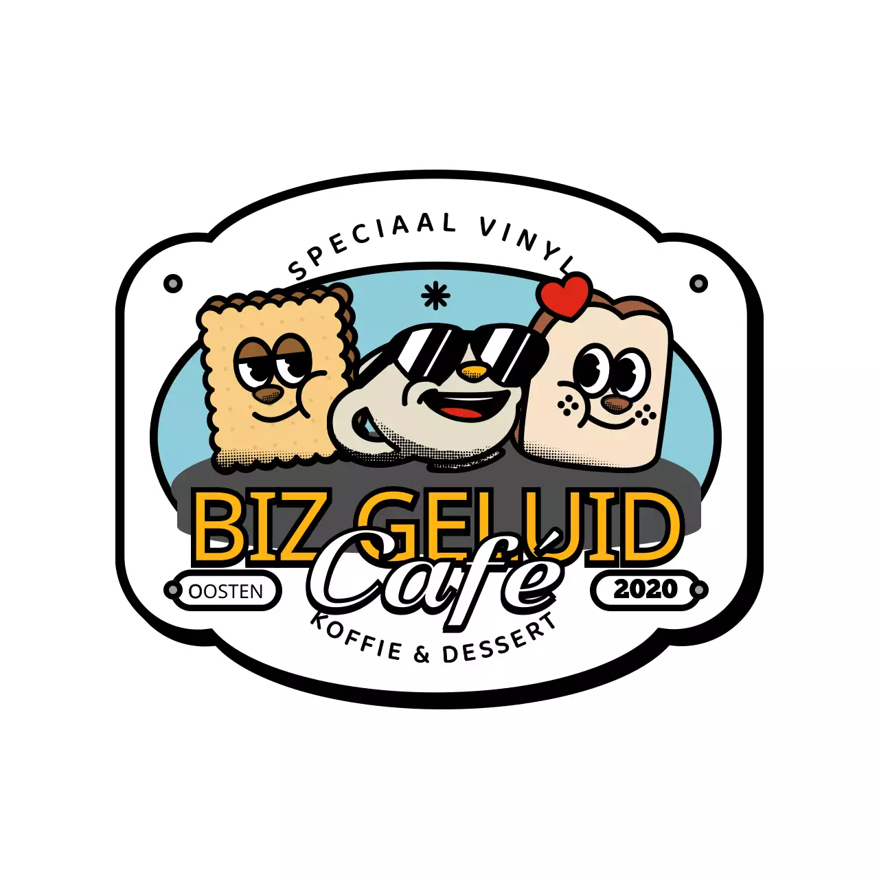 Een serie leuke en hippe café-artikelen in logo-stijl in geel en zwart.