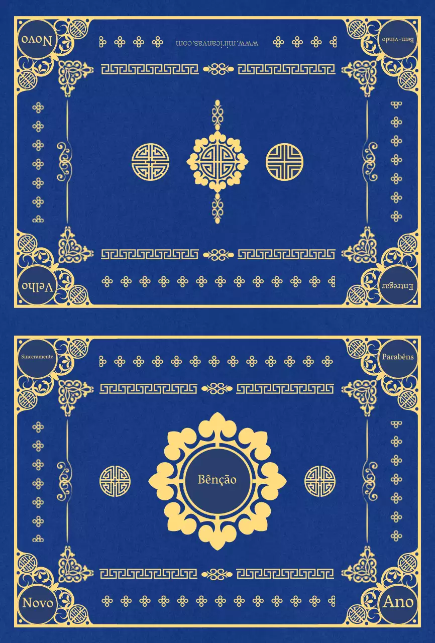 Cartão de felicitações com padrão tradicional coreano azul e amarelo