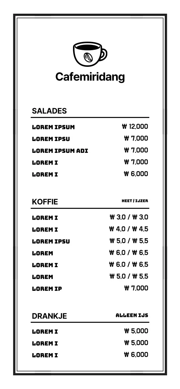 Eenvoudige, strakke stijl café menubestickering in zwart en wit