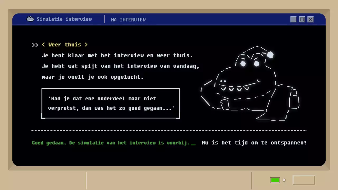 Simulatie sollicitatiegesprek met zwart retro moddergameconcept