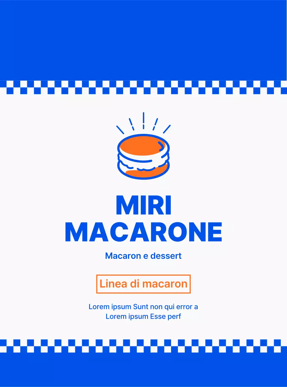 Promuovere e informare il menu di un dessert macaron di concezione pulita in blu navy e bianco.
