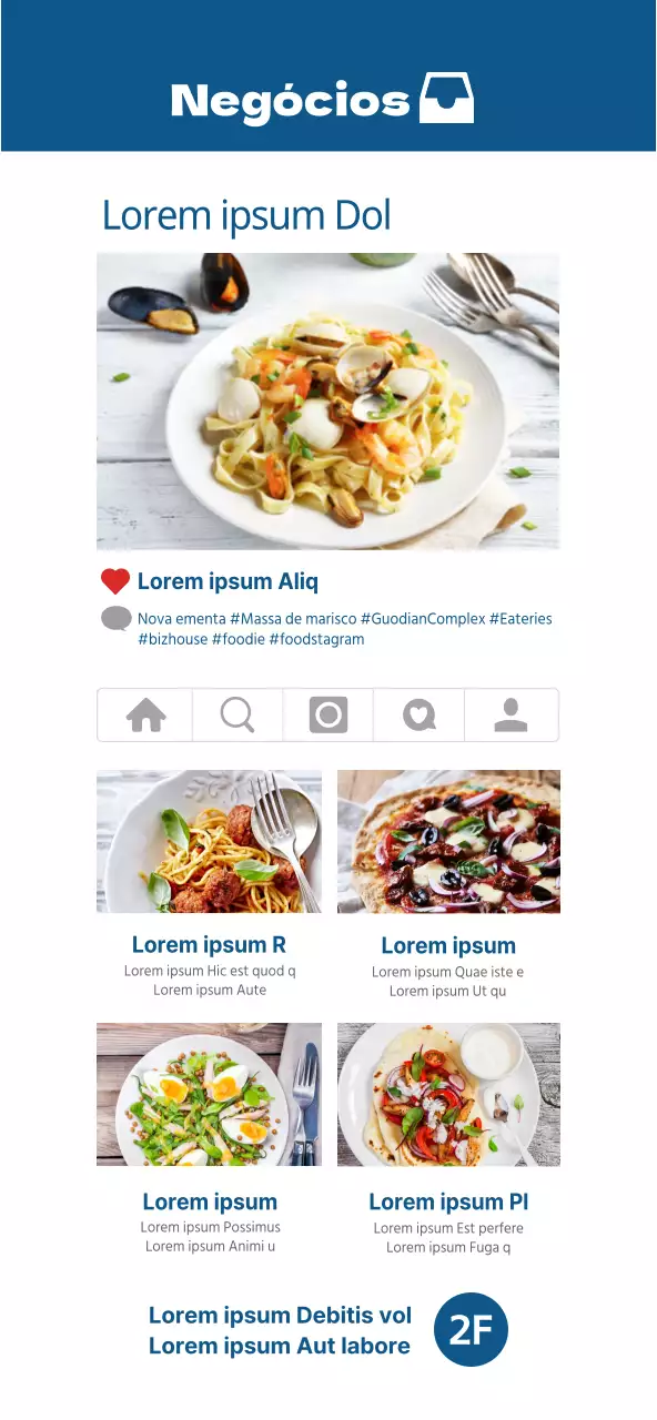 Um menu de restaurante simples, azul e branco, com um esquema do Instagram em azul e branco