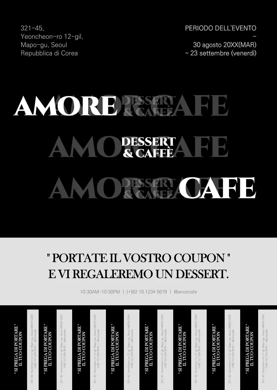 Stile tipografico semplice in bianco e nero per annunci e promozioni di eventi al bar