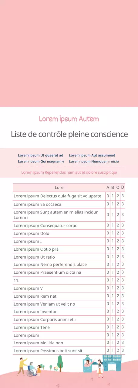 Liste de contrôle et guide d'information sur la pleine conscience à l'intention des travailleurs sociaux, en rose et blanc, dans un style épuré