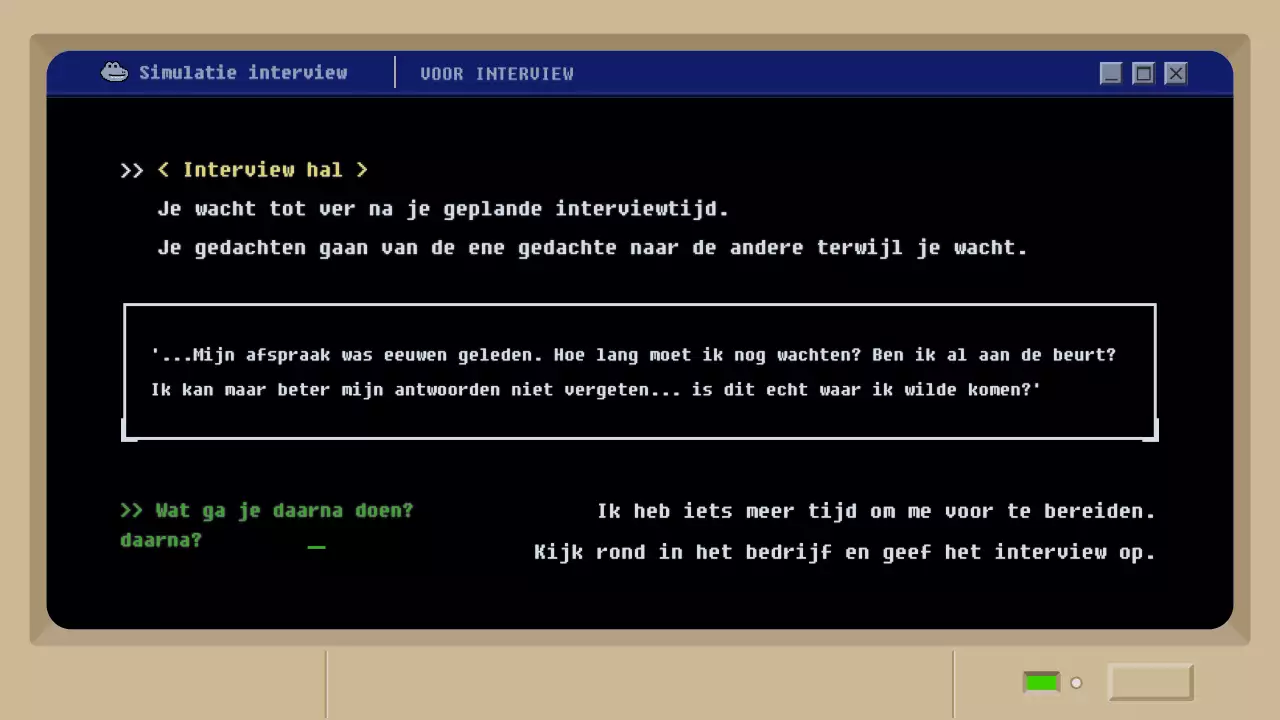 Simulatie sollicitatiegesprek met zwart retro moddergameconcept