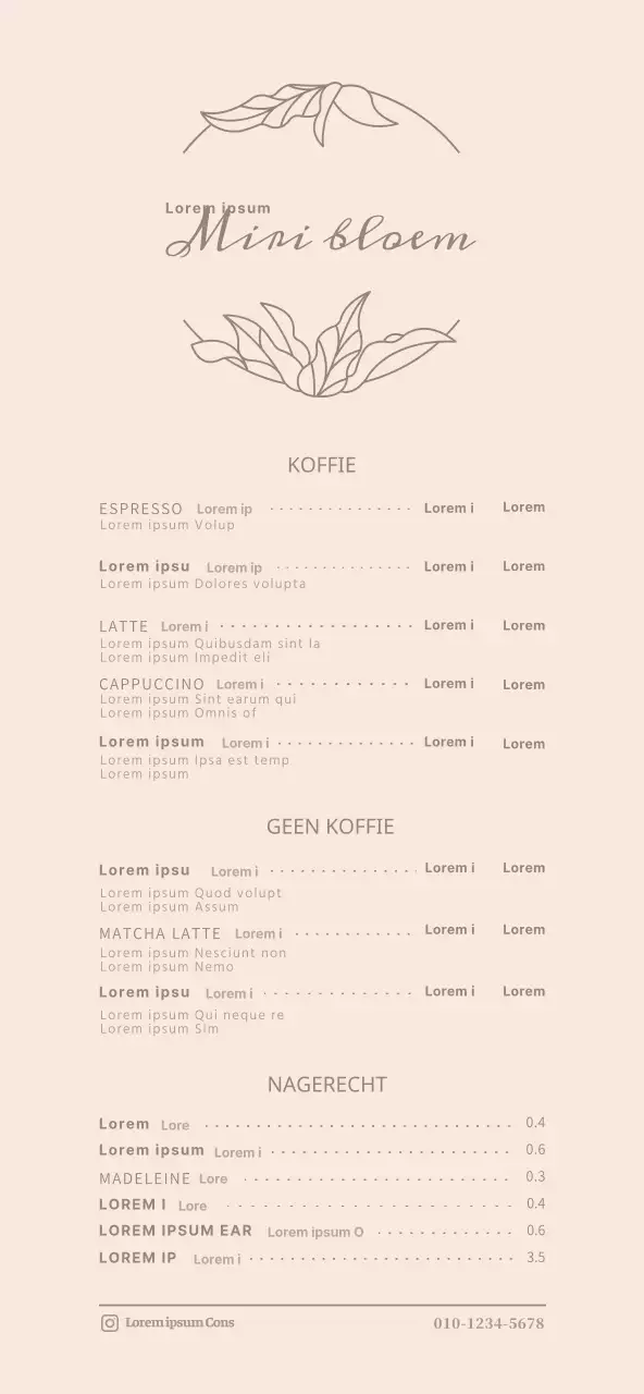 Menuprijzen voor een conceptcafé met sentimentele illustraties in lichtroze en bruin.