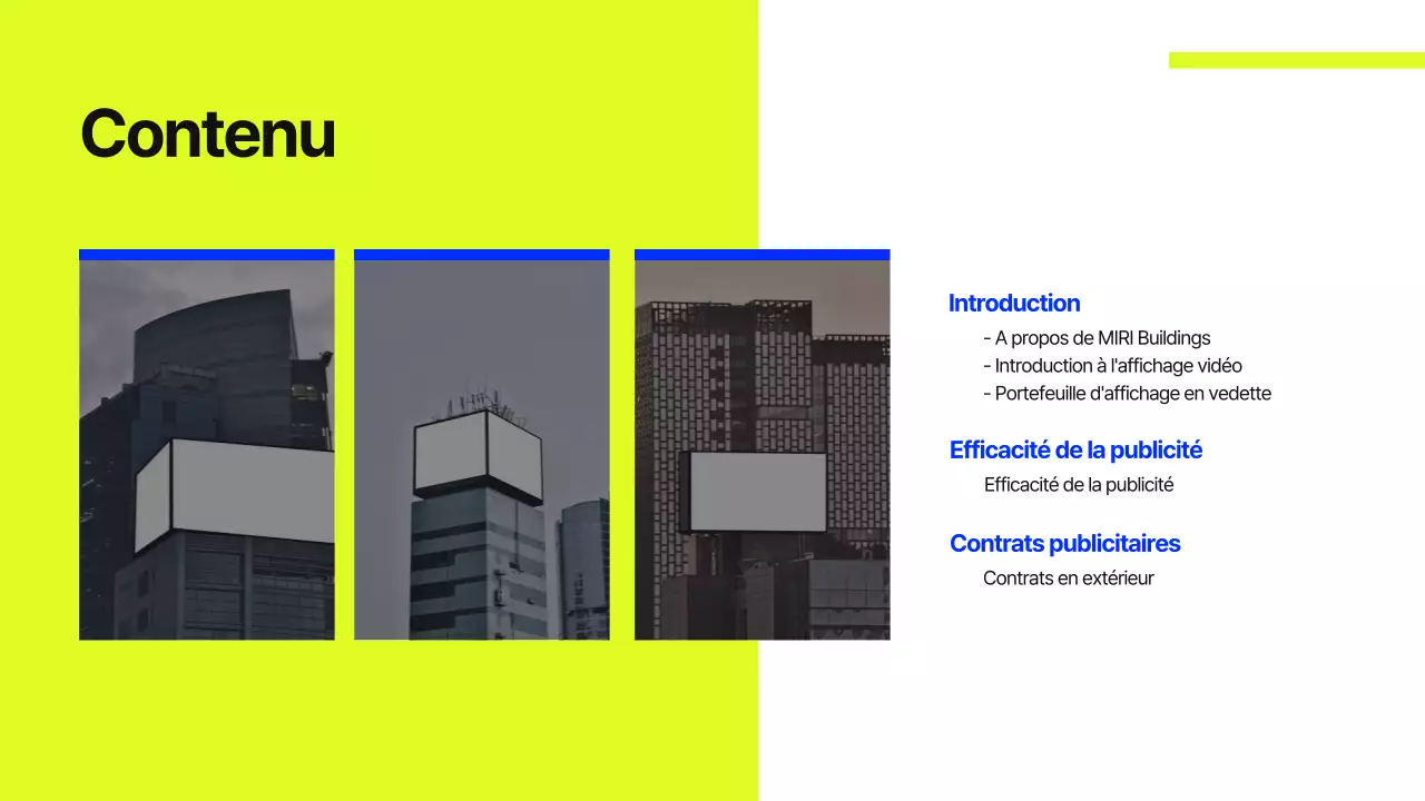 Proposition de panneau d'affichage pour les bâtiments bleu et citron vert