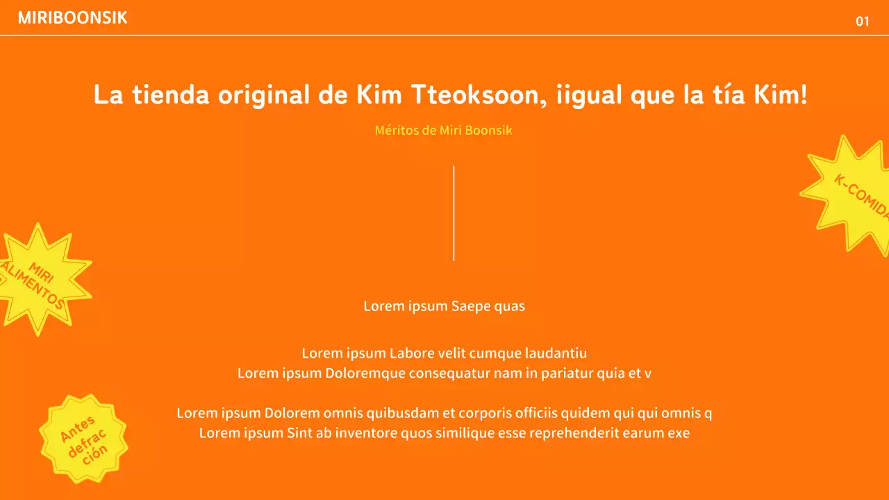 Perfil de empresa de catering con acentos de color naranja y amarillo y disposición de fotos