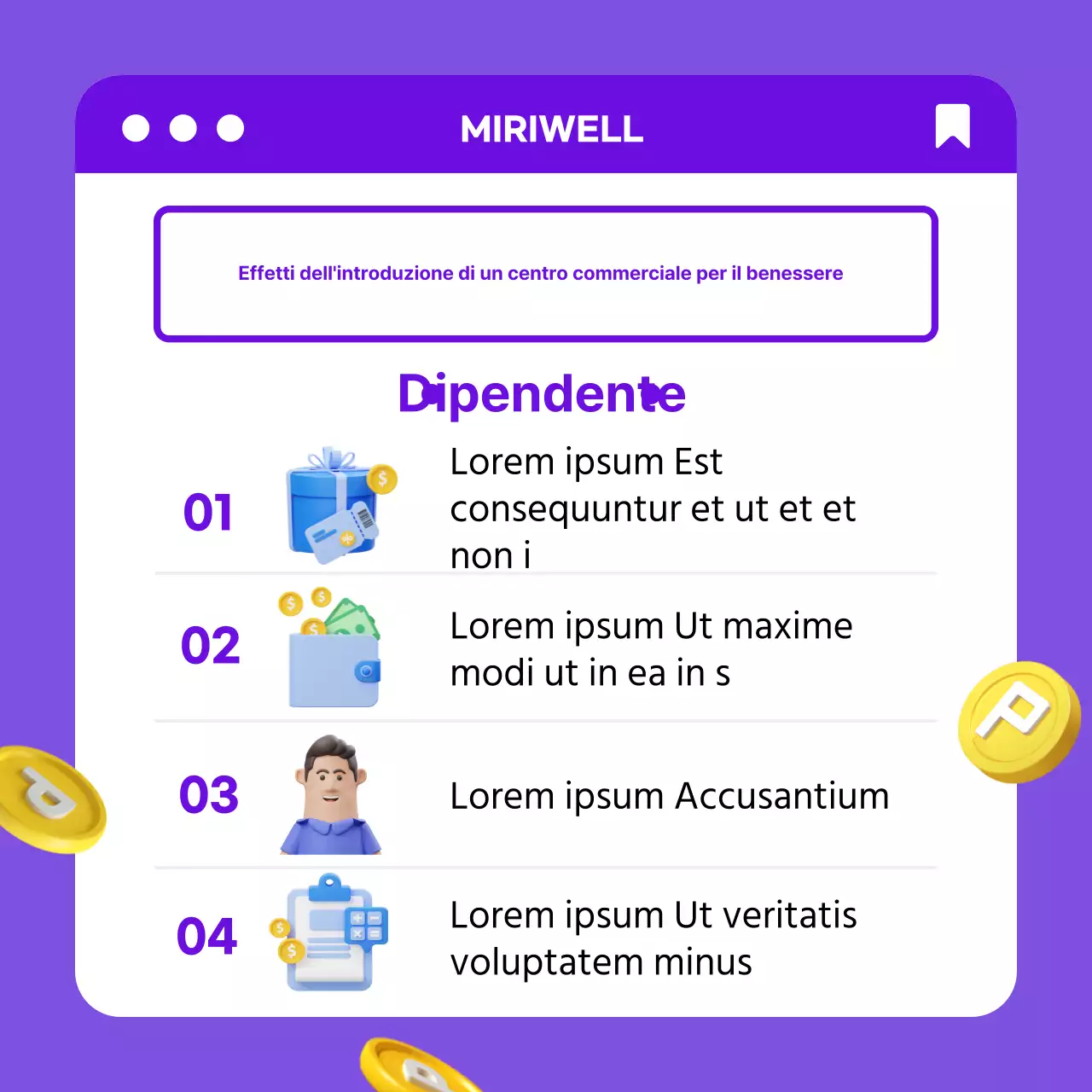 Effetto centro commerciale pulito con concetto 3D giallo-viola CardNews