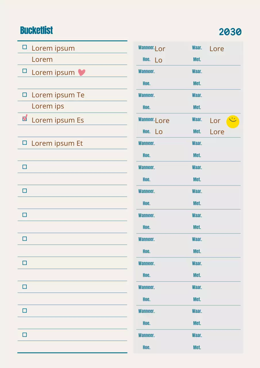 Een turquoise en bruine bucketlist