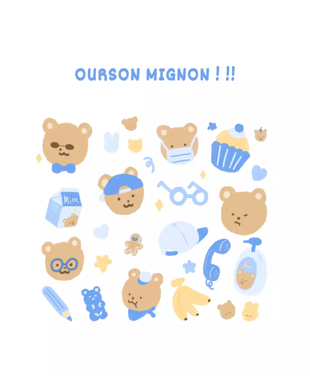 bleu, blanc, mignon, nounours, illustration, personnel, marchandise, lait, biscuit, étoile, cœur, banane, gelée, cupcake, chapeau, tapis de souris, mignon