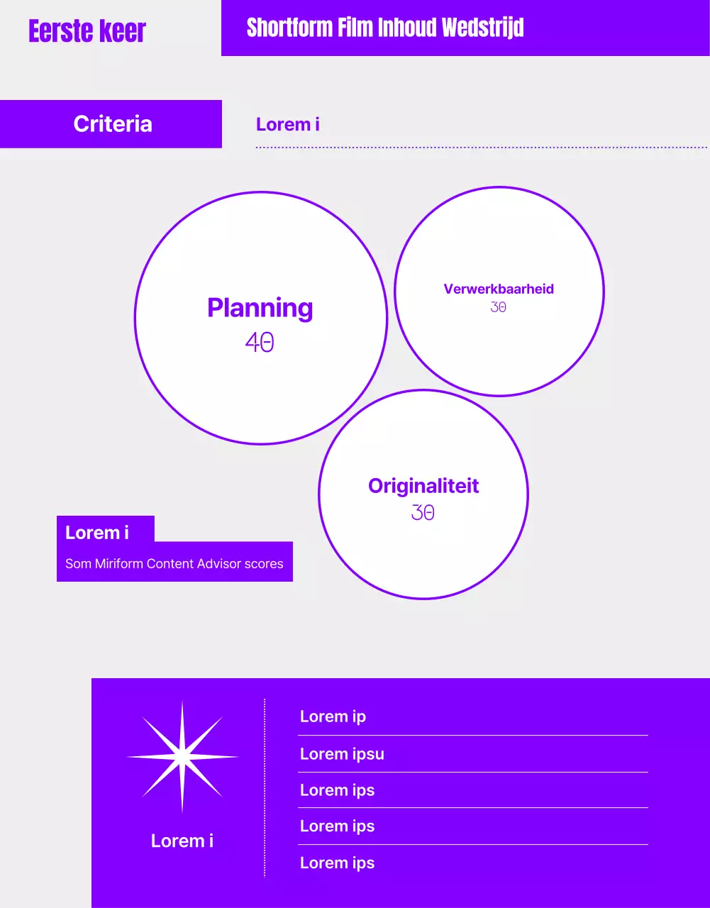 Humoristische korte-inhoudwedstrijd met paarse geometrische afbeeldingen