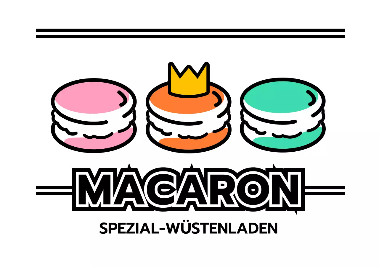 Werbung für ein Dessertgeschäft mit einer Illustration von Makronen in Schwarz und Akzentfarben