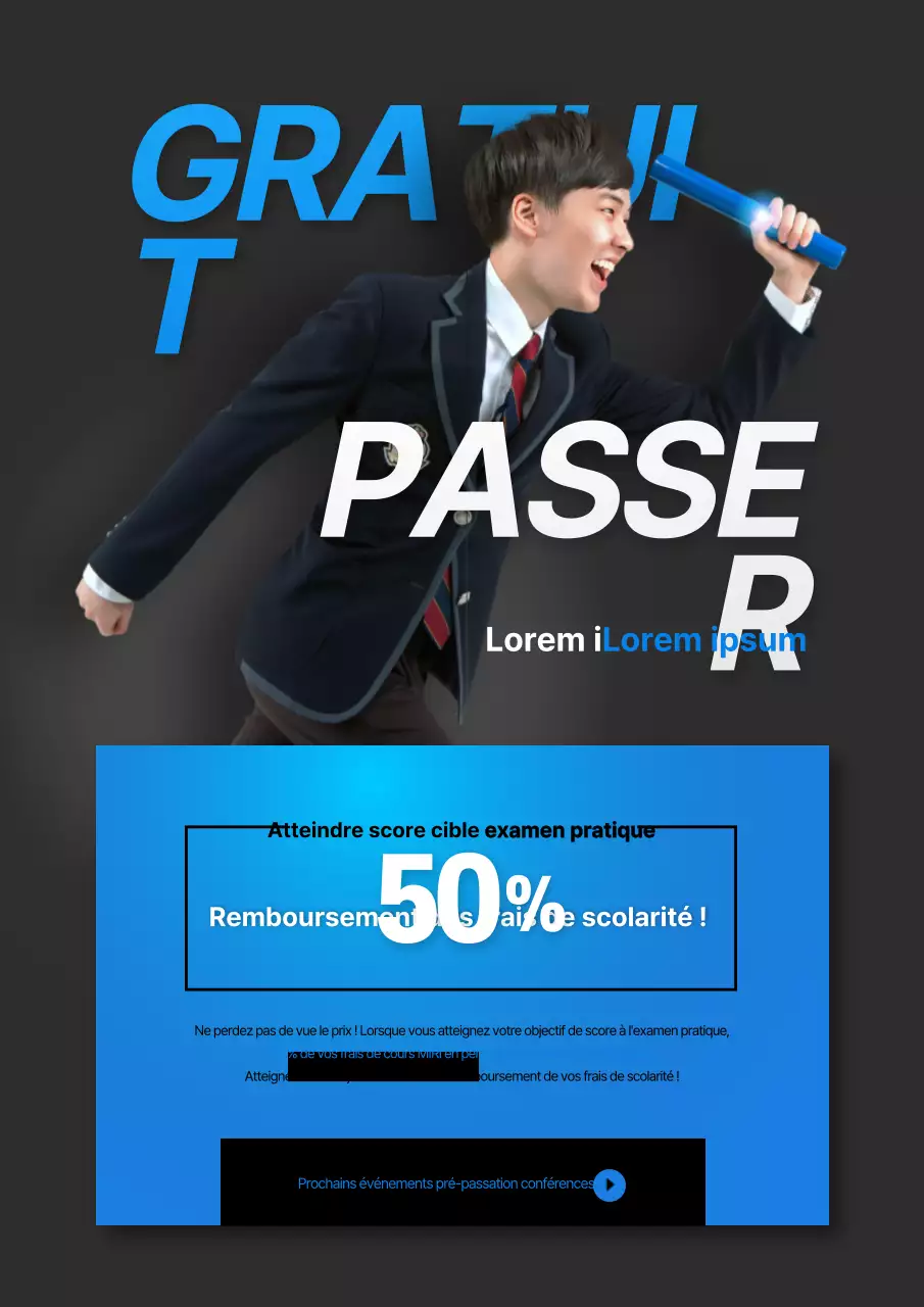 Promouvoir un événement de classement à l'École des mines avec une photo d'étudiant courant en bleu et noir