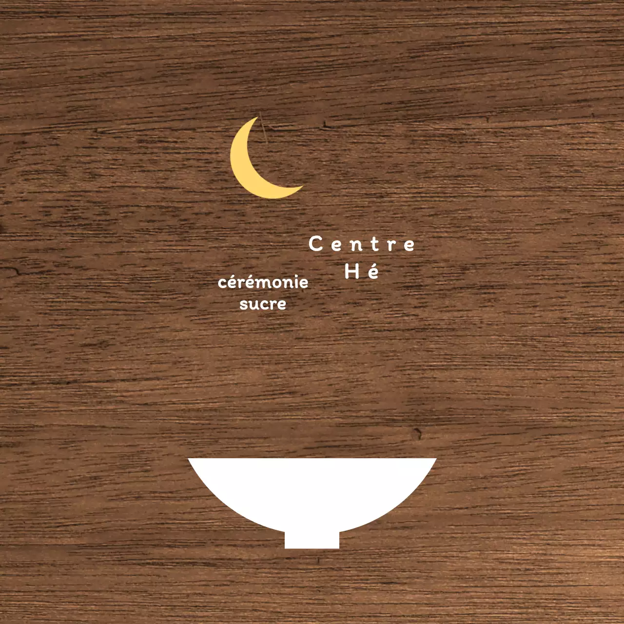 Enseigne de restaurant simple avec texte blanc et jaune et illustration d'une lune en forme de bol.