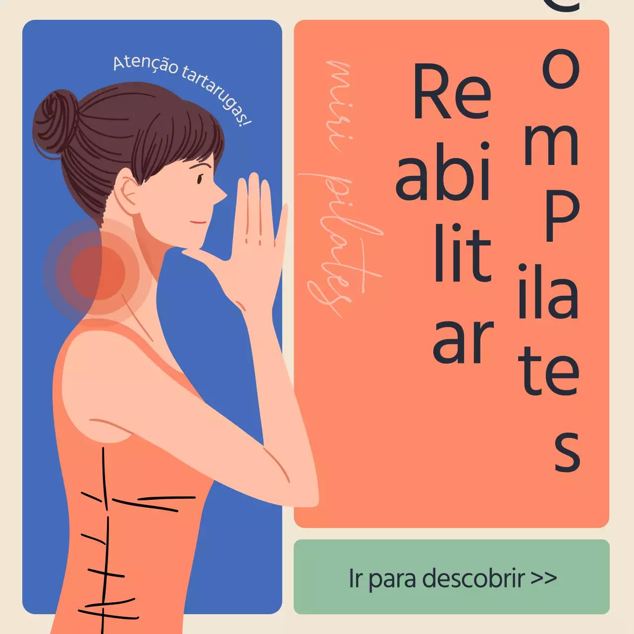 Turtle Neck Pilates Rehabilitation Information em azul e laranja