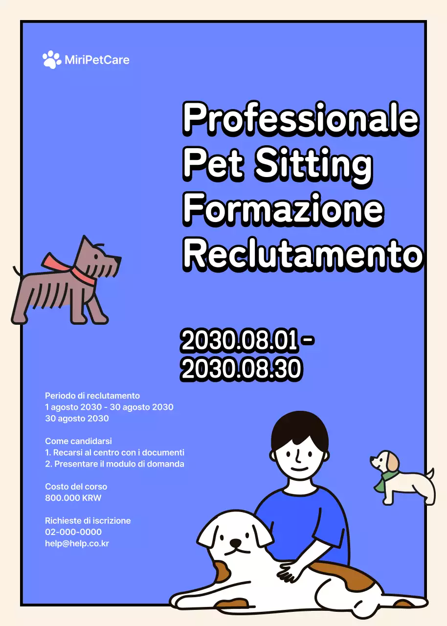 Reclutamento per un corso di formazione professionale per pet sitter con un concetto di illustrazione di un personaggio dai toni blu