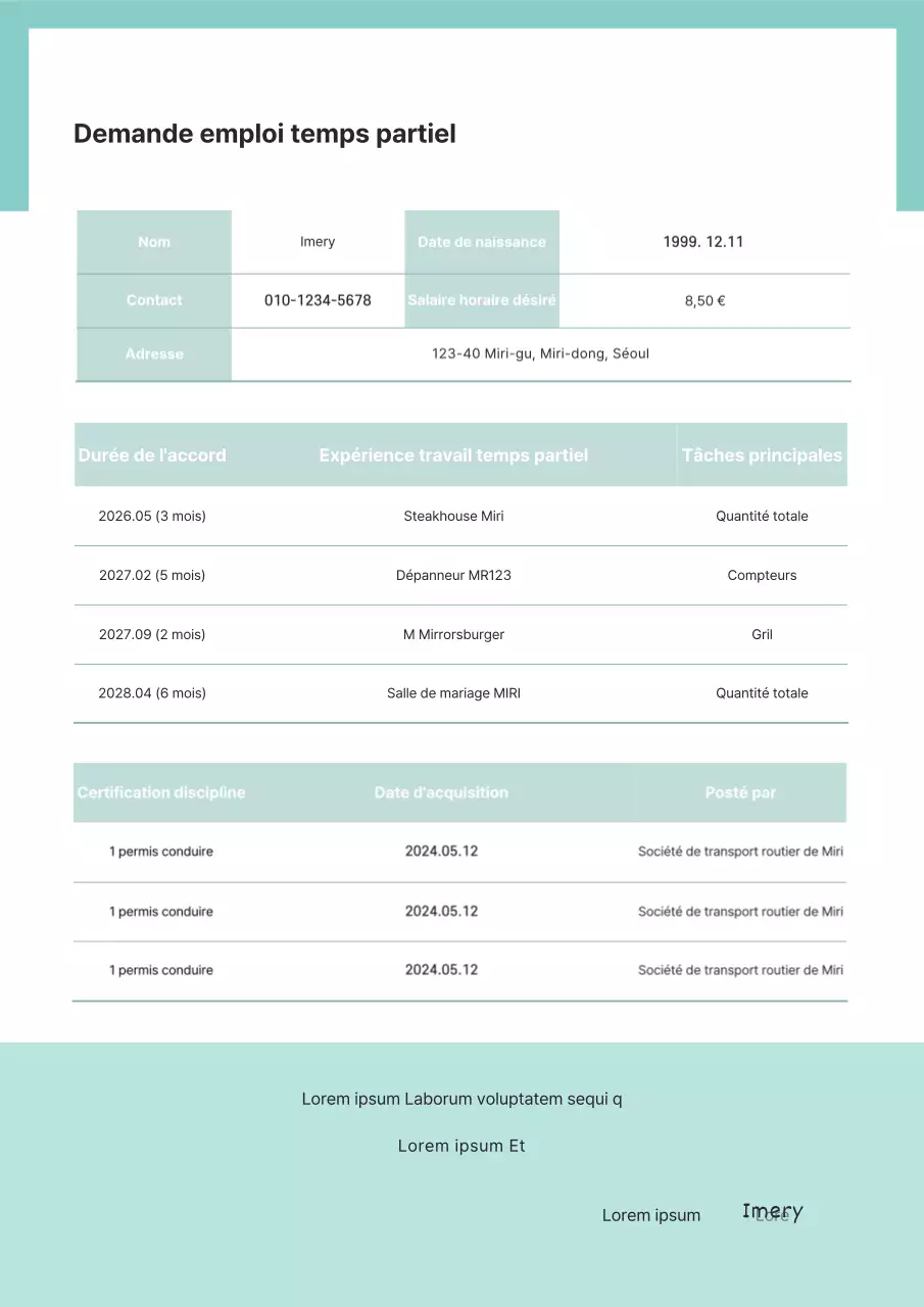 Un formulaire de demande d'emploi à temps partiel propre et de couleur menthe
