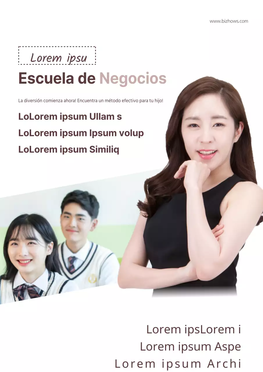 Promocione una escuela de matemáticas biz con ilustraciones de alumnos marrones y fotos de aulas