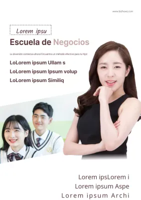 Promocione una escuela de matemáticas biz con ilustraciones de alumnos marrones y fotos de aulas