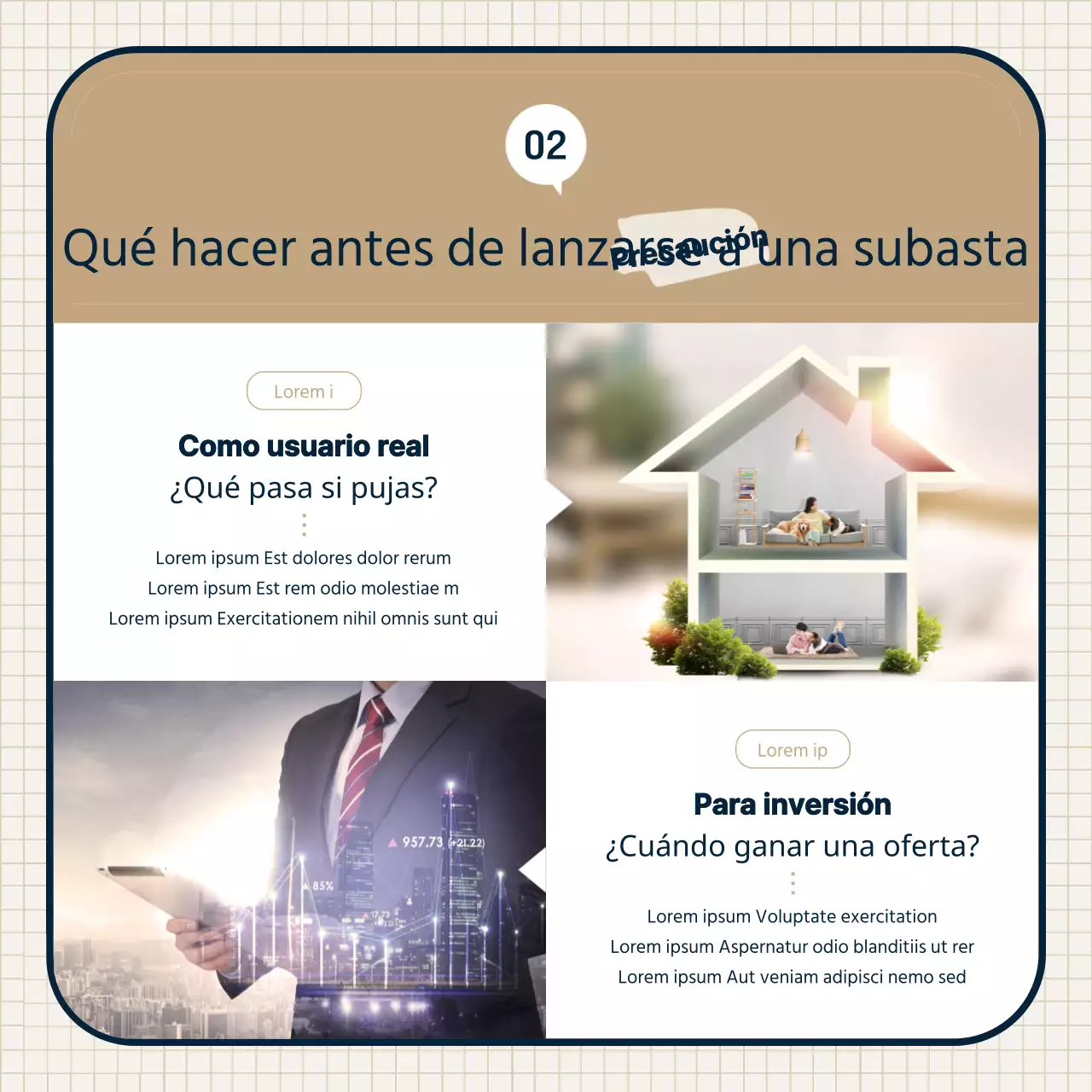 Tema de subasta inmobiliaria con ilustraciones limpias de color beige y combinaciones de marcos