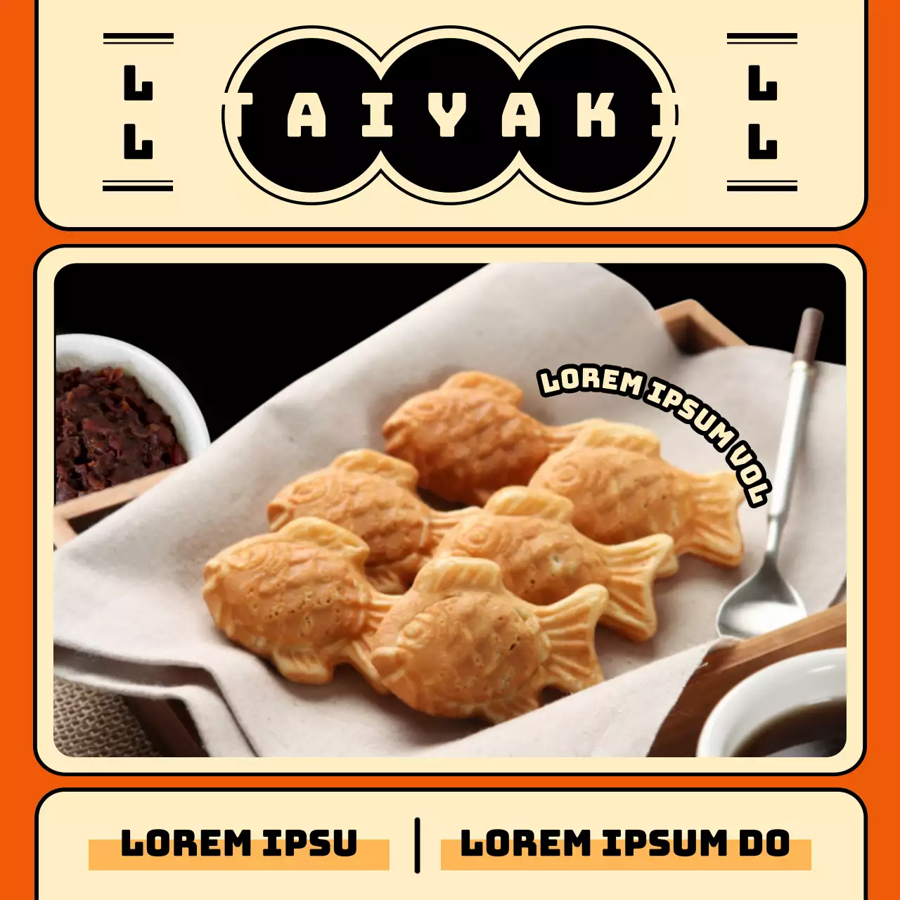 Schone taiyaki verkoop advertentie met oranje achtergrond en retro concept