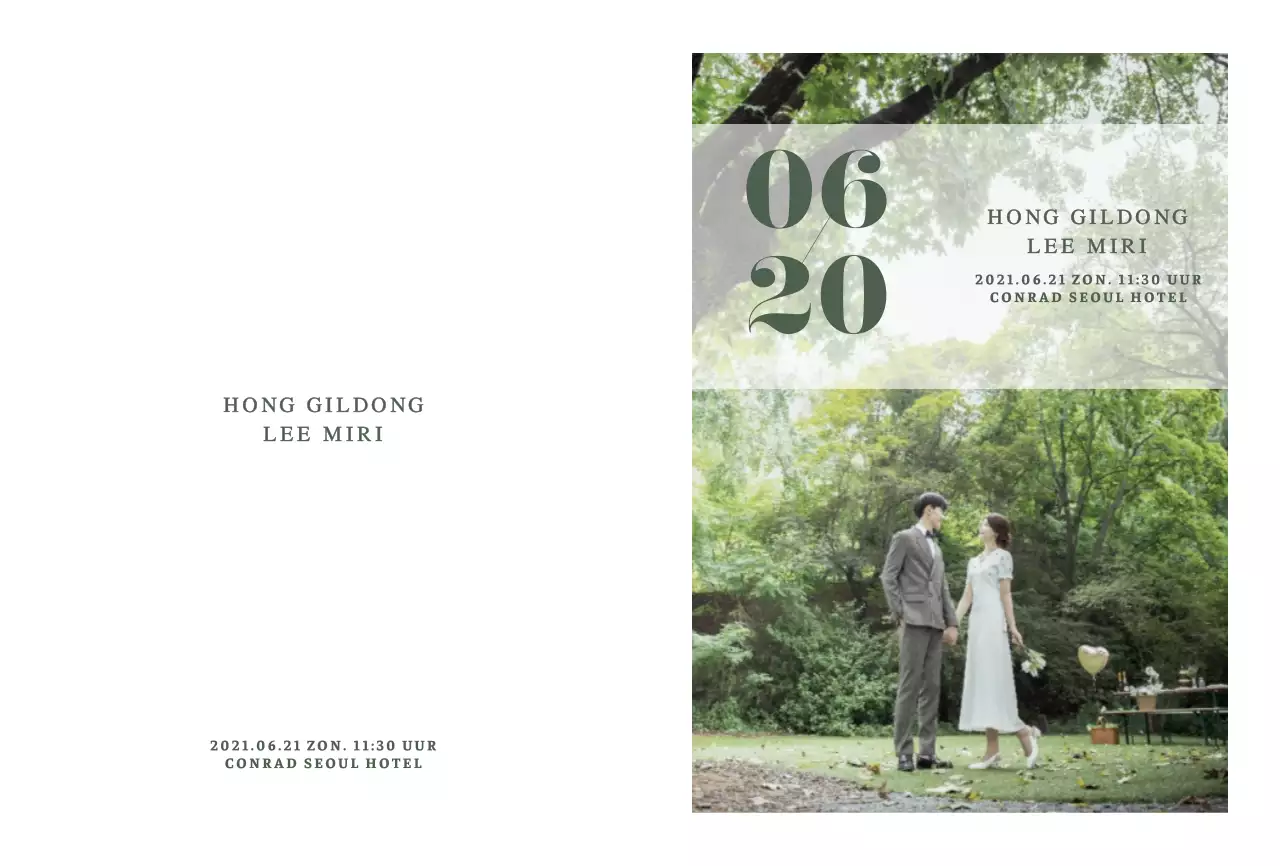 Groene trouwfotokaart voor huwelijksuitnodigingen