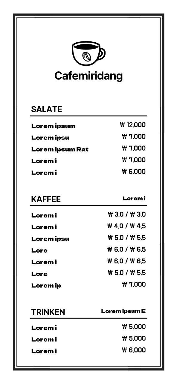Einfache, saubere Beschilderung der Speisekarte eines Cafés in Schwarz und Weiß