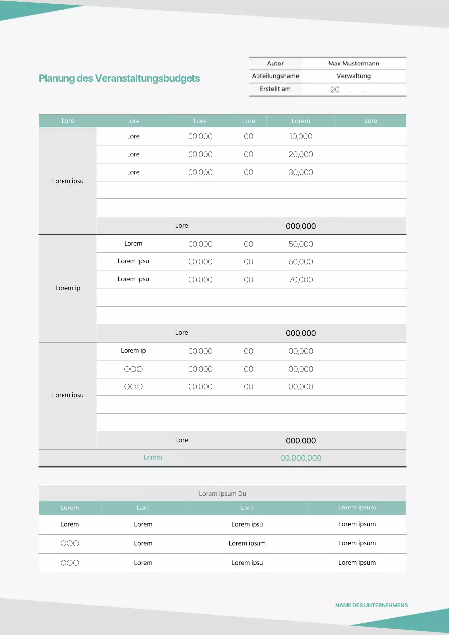 Event-Budgetplanungsvorlage in mint und grau